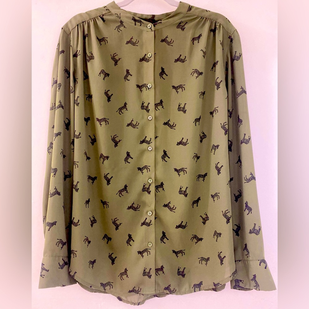🥰😍Zebra Print Olive Green Long Sleeve Button Down Blouse